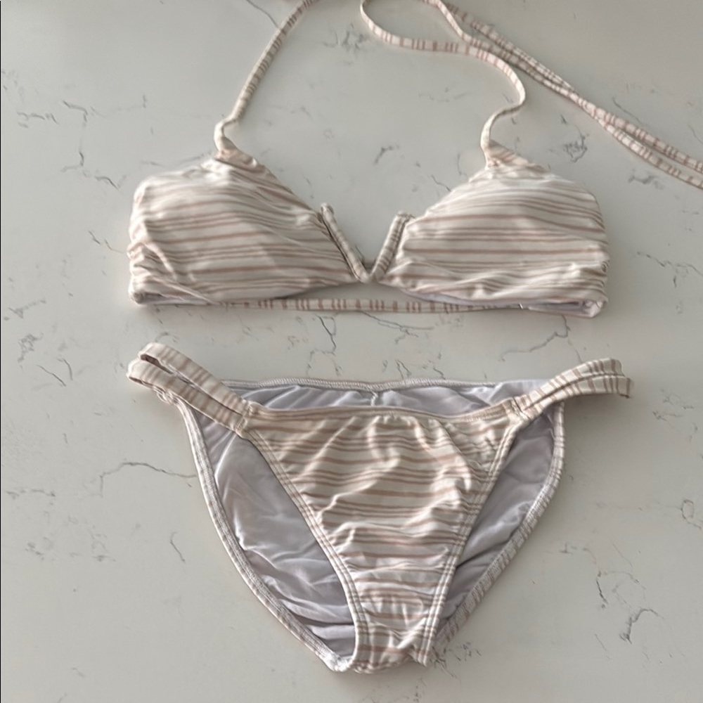O’Neill white beige tan 2pc Striped Bikini Set top bottom S M swimsuit swimwear